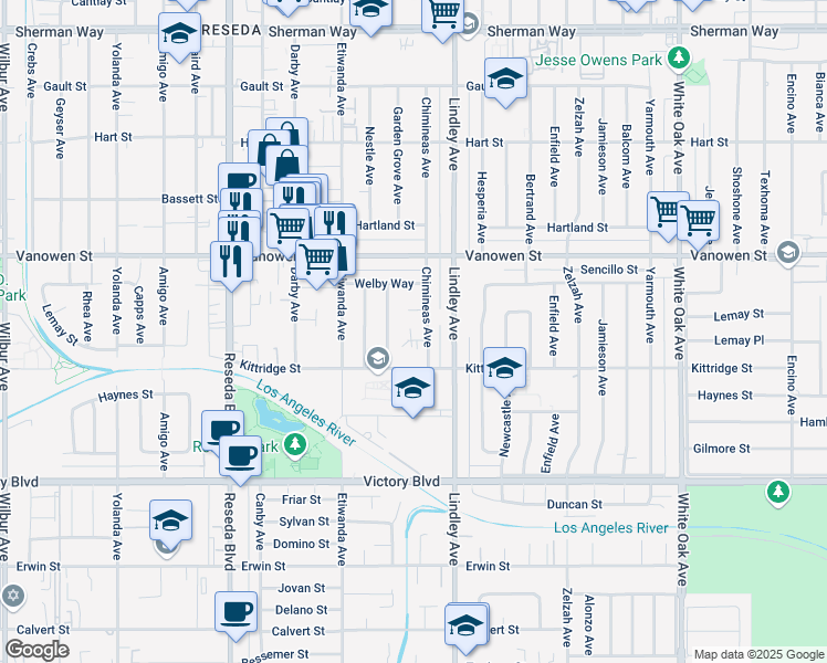 map of restaurants, bars, coffee shops, grocery stores, and more near 6621 Chimineas Avenue in Los Angeles