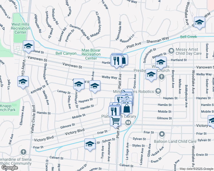 map of restaurants, bars, coffee shops, grocery stores, and more near 23746 Archwood Street in Los Angeles