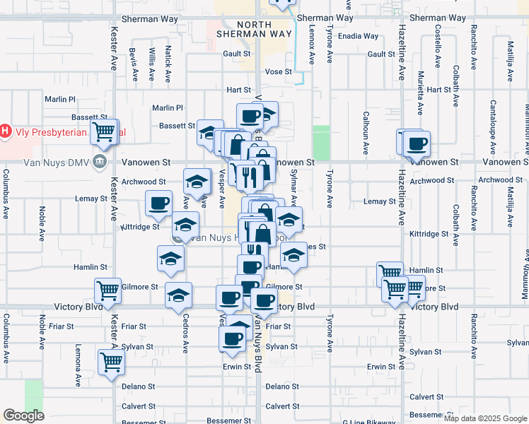 map of restaurants, bars, coffee shops, grocery stores, and more near 6624 Van Nuys Boulevard in Los Angeles