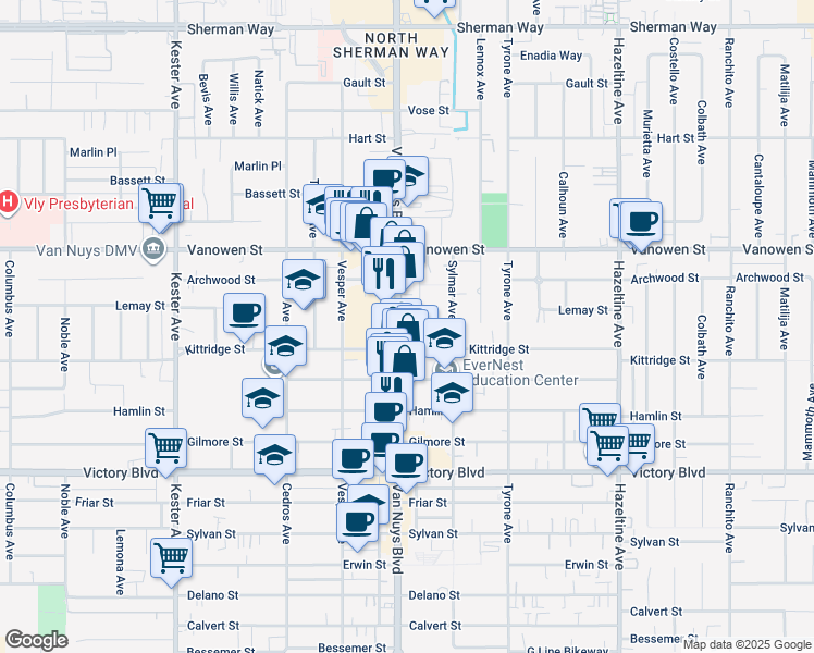 map of restaurants, bars, coffee shops, grocery stores, and more near 6624 Van Nuys Boulevard in Los Angeles