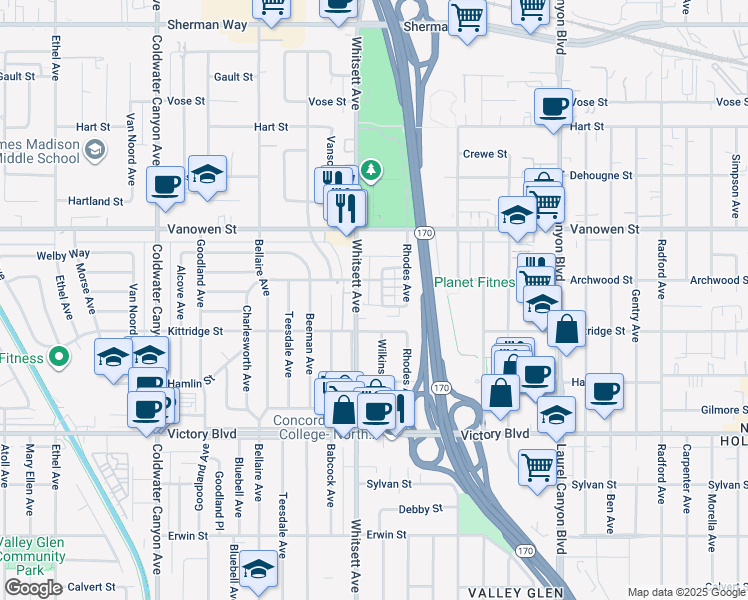 map of restaurants, bars, coffee shops, grocery stores, and more near 12436 Lemay Street in Los Angeles