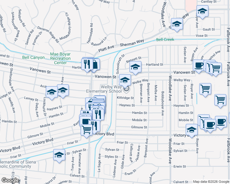 map of restaurants, bars, coffee shops, grocery stores, and more near 6655 Lederer Avenue in Los Angeles
