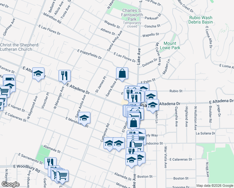 map of restaurants, bars, coffee shops, grocery stores, and more near 660 East Pine Street in Altadena
