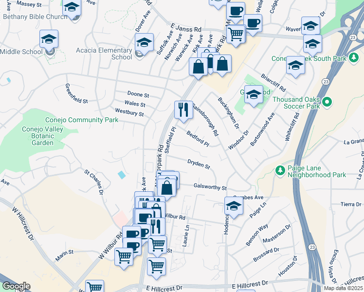 map of restaurants, bars, coffee shops, grocery stores, and more near 224 Thoreau Circle in Thousand Oaks