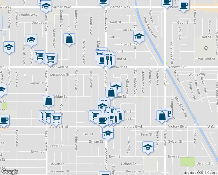 map of restaurants, bars, coffee shops, grocery stores, and more near 6640 Woodman Avenue in Los Angeles