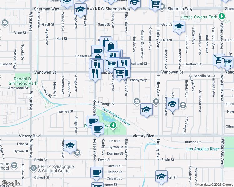 map of restaurants, bars, coffee shops, grocery stores, and more near 6620 Darby Avenue in Los Angeles