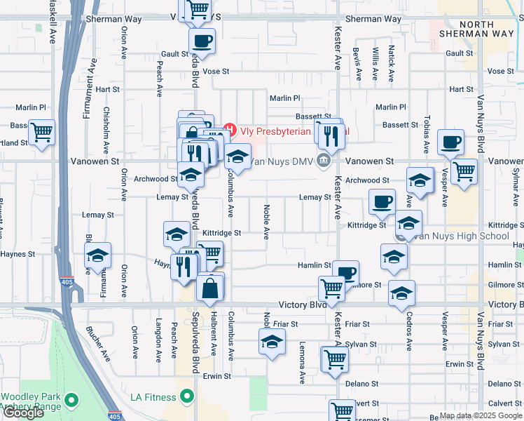 map of restaurants, bars, coffee shops, grocery stores, and more near 6620 Burnet Avenue in Los Angeles