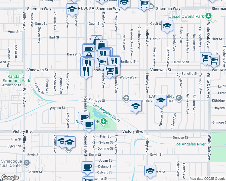 map of restaurants, bars, coffee shops, grocery stores, and more near 6641 Etiwanda Avenue in Los Angeles