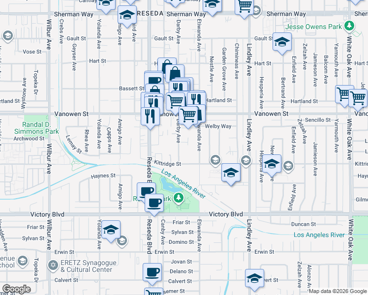 map of restaurants, bars, coffee shops, grocery stores, and more near 6640 Darby Avenue in Los Angeles
