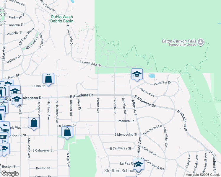 map of restaurants, bars, coffee shops, grocery stores, and more near 2651 Tanoble Drive in Altadena