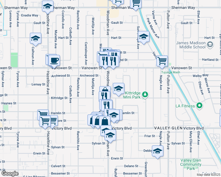 map of restaurants, bars, coffee shops, grocery stores, and more near 6640 Woodman Avenue in Los Angeles