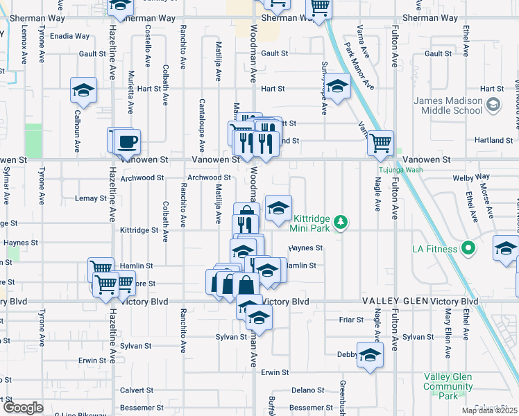 map of restaurants, bars, coffee shops, grocery stores, and more near 6640 Woodman Avenue in Los Angeles