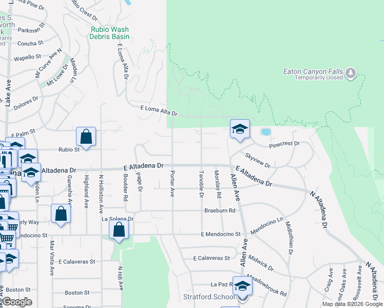 map of restaurants, bars, coffee shops, grocery stores, and more near 2651 Tanoble Drive in Altadena