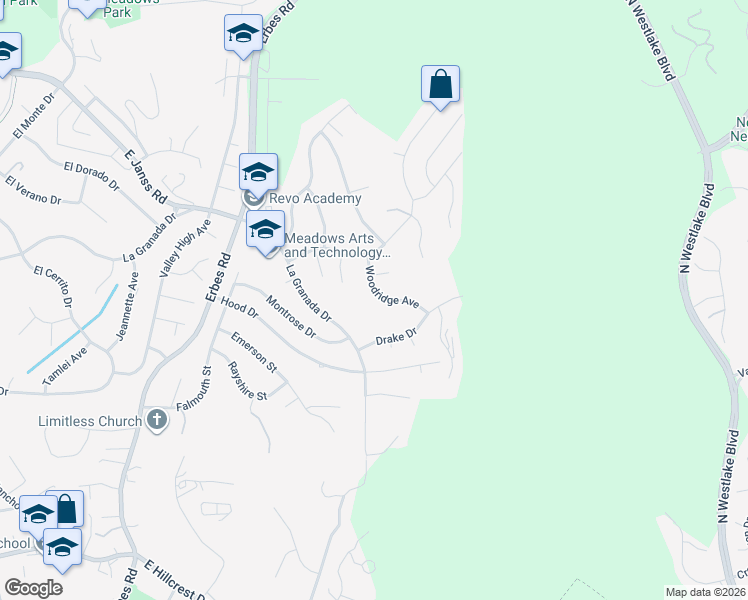 map of restaurants, bars, coffee shops, grocery stores, and more near 1137 Woodridge Avenue in Thousand Oaks