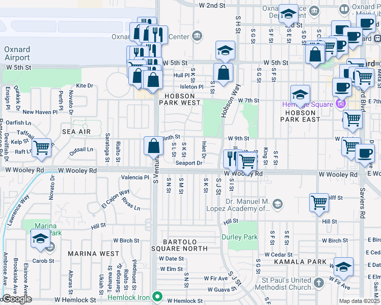 map of restaurants, bars, coffee shops, grocery stores, and more near 1034 Jurymast Drive in Oxnard