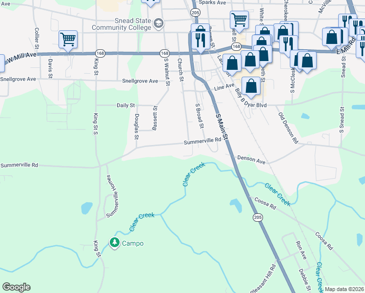 map of restaurants, bars, coffee shops, grocery stores, and more near 301 Gaines Street in Boaz