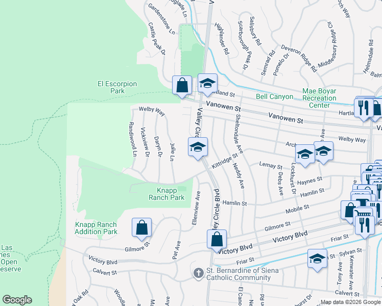 map of restaurants, bars, coffee shops, grocery stores, and more near 6703 Corie Lane in Los Angeles County