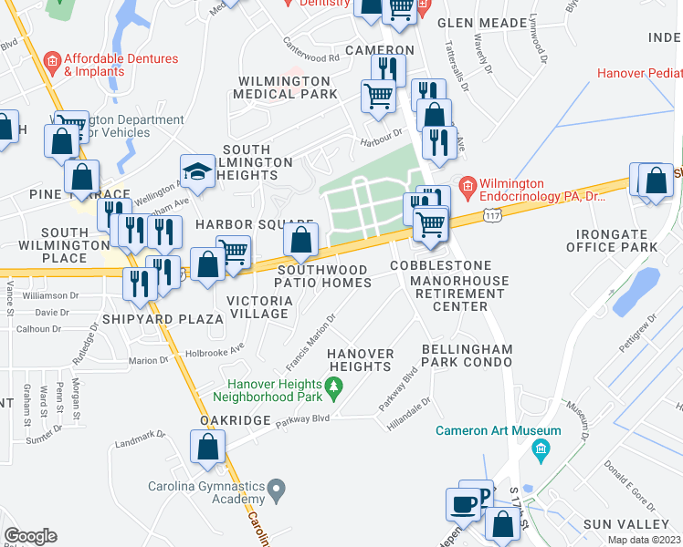 map of restaurants, bars, coffee shops, grocery stores, and more near 1268 Shipyard Boulevard in Wilmington