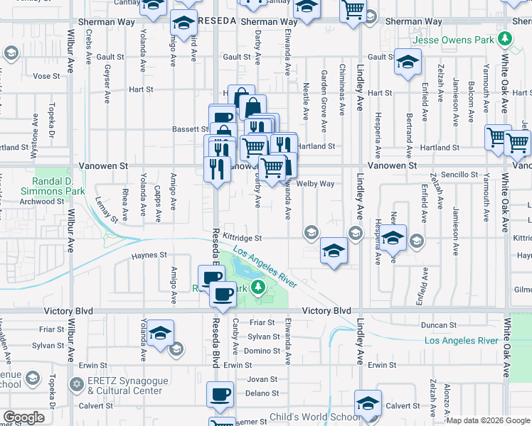 map of restaurants, bars, coffee shops, grocery stores, and more near 6620 Darby Avenue in Los Angeles