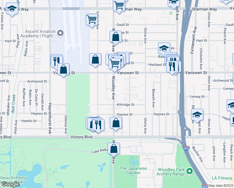 map of restaurants, bars, coffee shops, grocery stores, and more near 6640 Woodley Avenue in Los Angeles