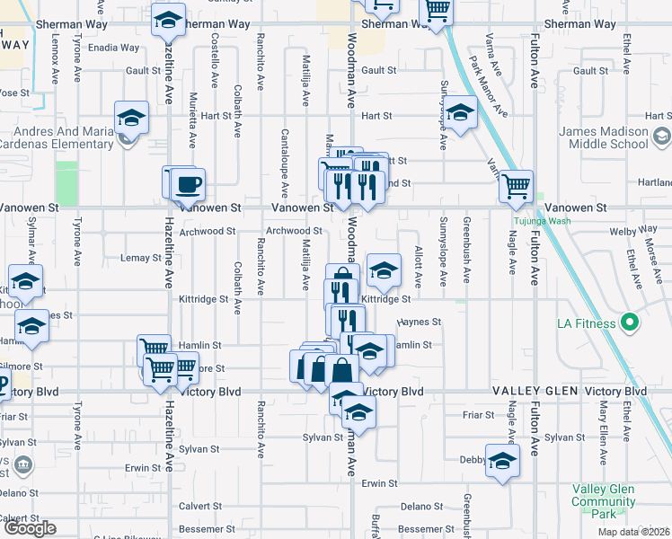 map of restaurants, bars, coffee shops, grocery stores, and more near 6623 Mammoth Avenue in Los Angeles
