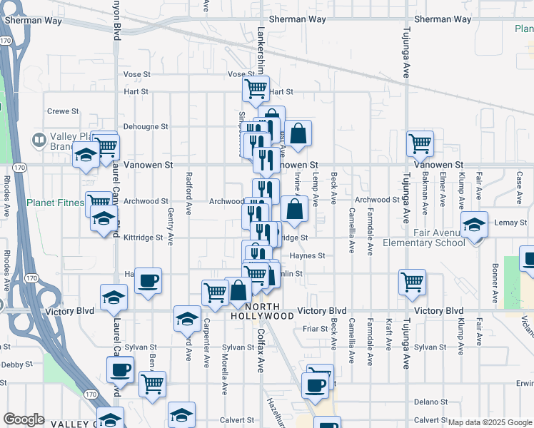 map of restaurants, bars, coffee shops, grocery stores, and more near 6634 Lankershim Boulevard in Los Angeles