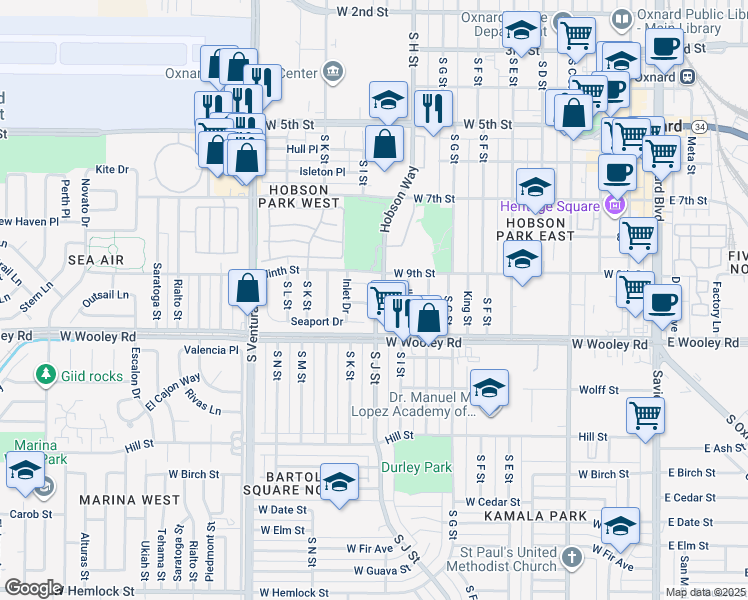 map of restaurants, bars, coffee shops, grocery stores, and more near 1105 Rigging Place in Oxnard