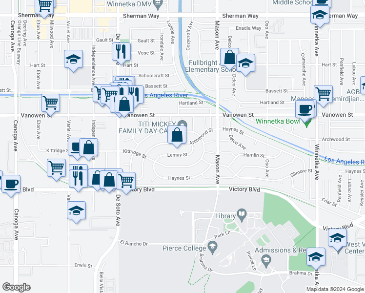 map of restaurants, bars, coffee shops, grocery stores, and more near 20622 Archwood Street in Los Angeles
