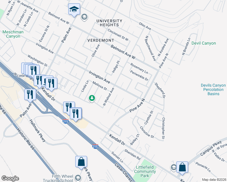 map of restaurants, bars, coffee shops, grocery stores, and more near 6030 North Walnut Avenue in San Bernardino