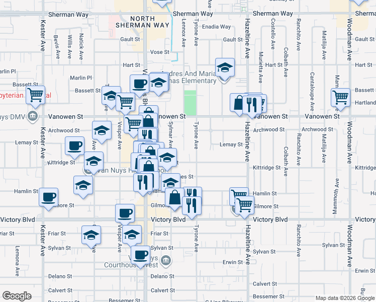 map of restaurants, bars, coffee shops, grocery stores, and more near 14305 Kittridge Street in Los Angeles