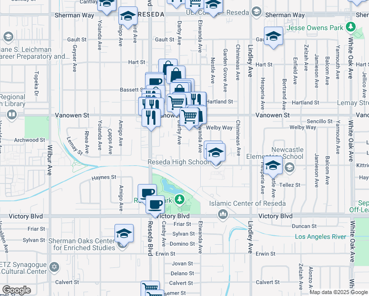 map of restaurants, bars, coffee shops, grocery stores, and more near 6620 Darby Avenue in Los Angeles