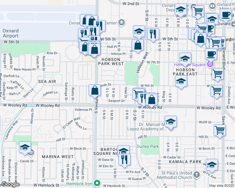map of restaurants, bars, coffee shops, grocery stores, and more near 1034 Jurymast Drive in Oxnard