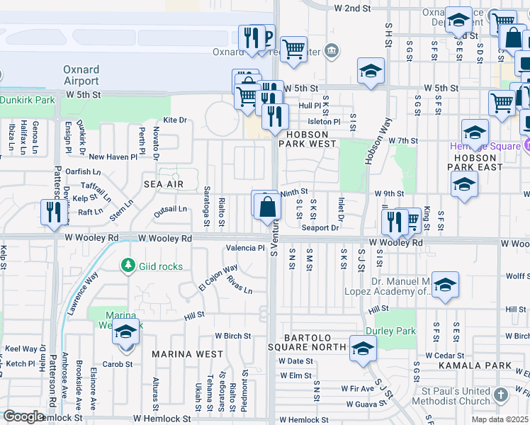 map of restaurants, bars, coffee shops, grocery stores, and more near 1030 Ontario Street in Oxnard