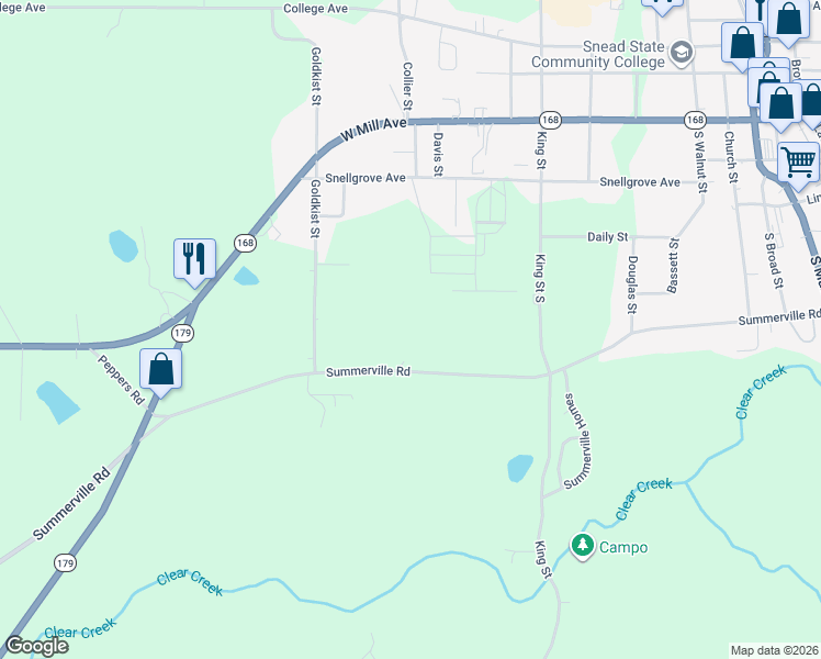 map of restaurants, bars, coffee shops, grocery stores, and more near 1084 Summerville Road in Boaz