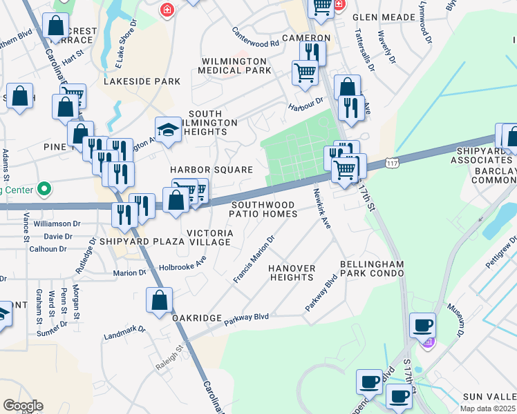 map of restaurants, bars, coffee shops, grocery stores, and more near 1184 Shipyard Boulevard in Wilmington