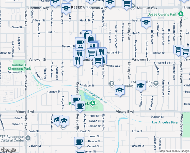 map of restaurants, bars, coffee shops, grocery stores, and more near 6640 Darby Avenue in Los Angeles