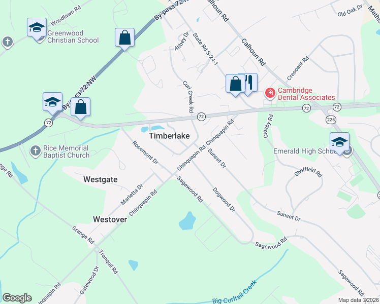 map of restaurants, bars, coffee shops, grocery stores, and more near 205 Forest Drive West in Greenwood