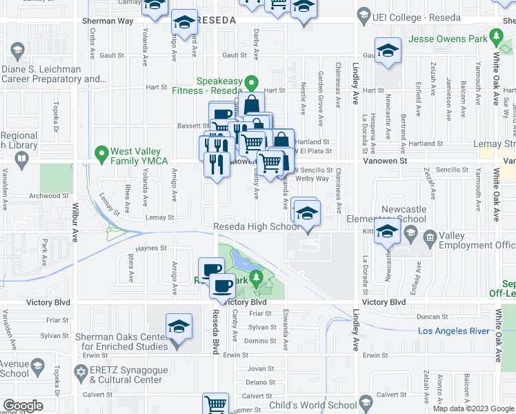 map of restaurants, bars, coffee shops, grocery stores, and more near 6640 Darby Avenue in Los Angeles