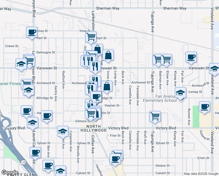 map of restaurants, bars, coffee shops, grocery stores, and more near 6642 Irvine Avenue in Los Angeles