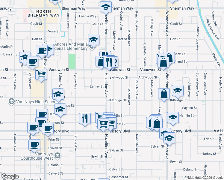 map of restaurants, bars, coffee shops, grocery stores, and more near 6620 Murietta Avenue in Los Angeles