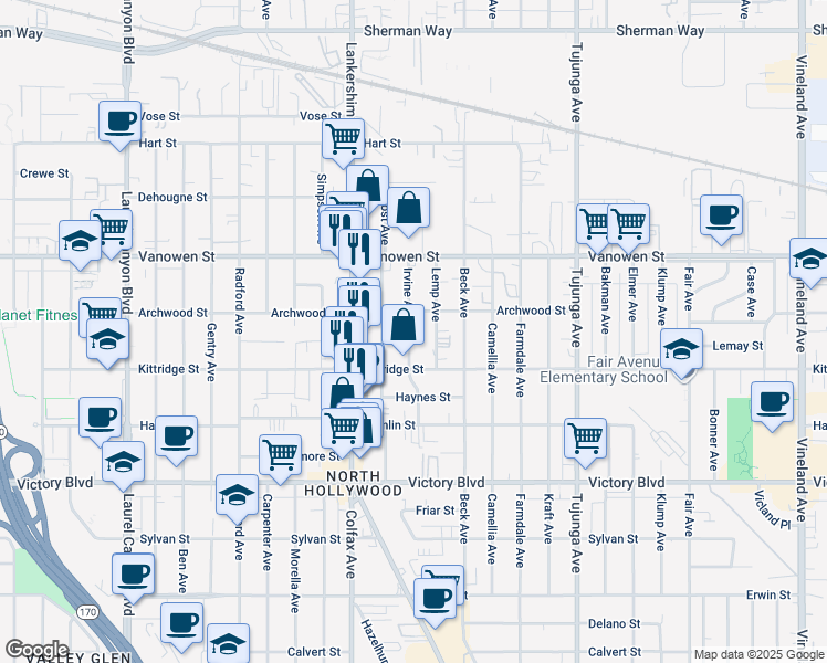 map of restaurants, bars, coffee shops, grocery stores, and more near 6642 Irvine Avenue in Los Angeles