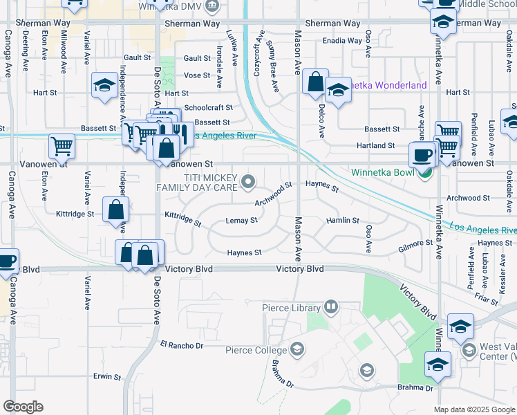map of restaurants, bars, coffee shops, grocery stores, and more near 20600 Archwood Street in Los Angeles