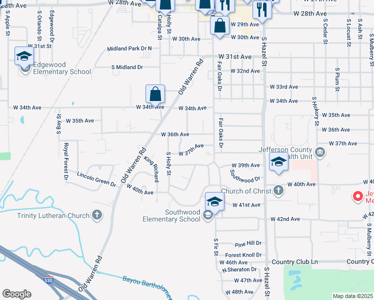 map of restaurants, bars, coffee shops, grocery stores, and more near 2803 West 37th Avenue in Pine Bluff