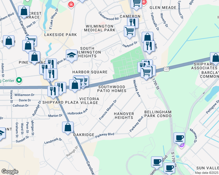 map of restaurants, bars, coffee shops, grocery stores, and more near 1184 Shipyard Boulevard in Wilmington