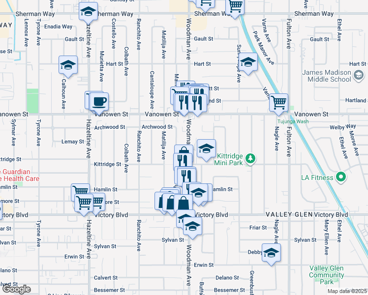 map of restaurants, bars, coffee shops, grocery stores, and more near 6645 Woodman Avenue in Los Angeles