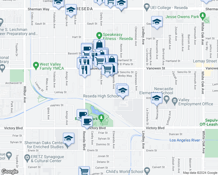 map of restaurants, bars, coffee shops, grocery stores, and more near 6641 Etiwanda Avenue in Los Angeles