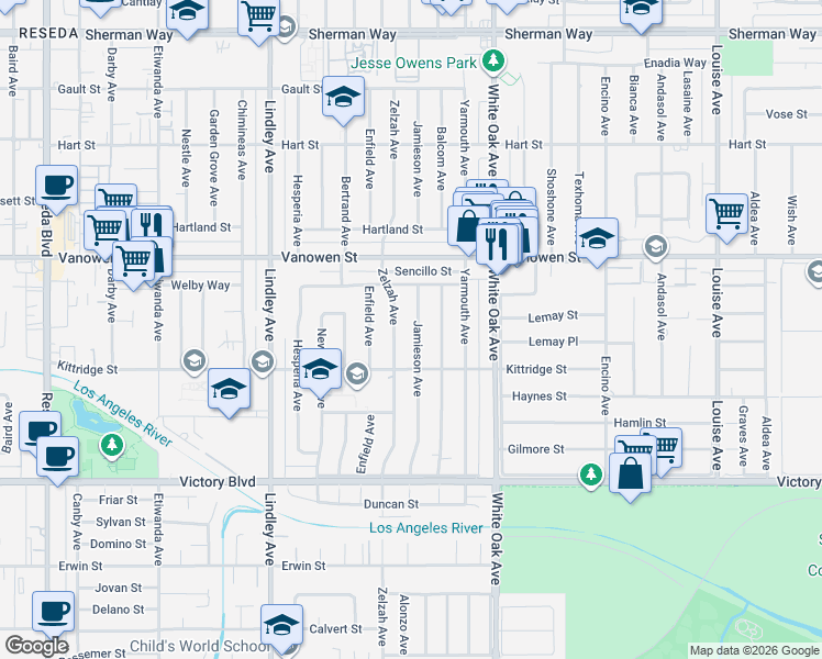 map of restaurants, bars, coffee shops, grocery stores, and more near 6624 Zelzah Avenue in Los Angeles