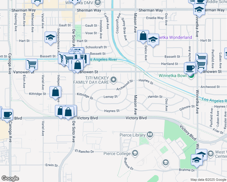 map of restaurants, bars, coffee shops, grocery stores, and more near 20641 Lemay Street in Los Angeles