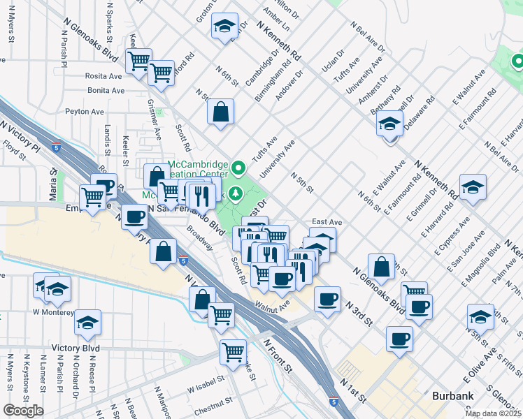 map of restaurants, bars, coffee shops, grocery stores, and more near 326 Amherst Drive in Burbank