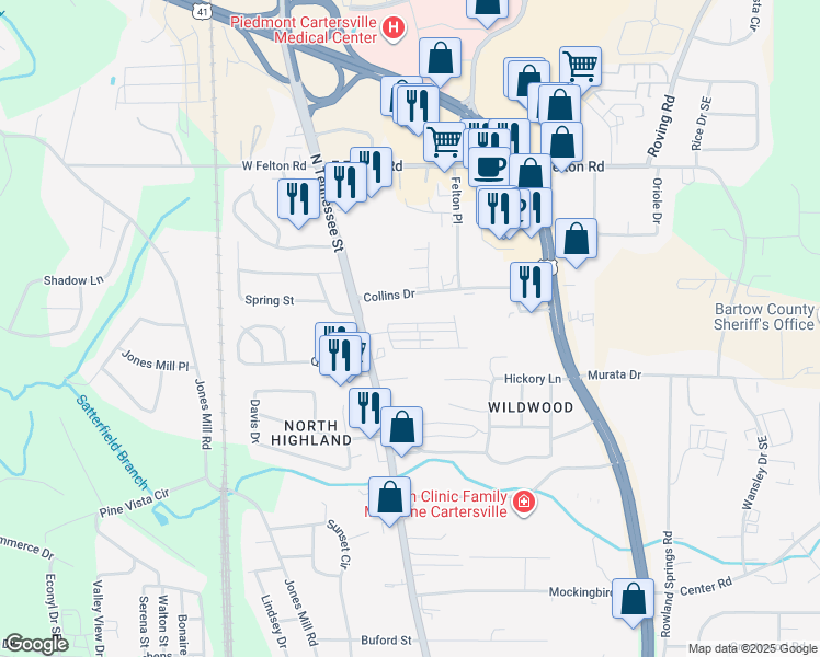 map of restaurants, bars, coffee shops, grocery stores, and more near 218 Mountain Street in Cartersville
